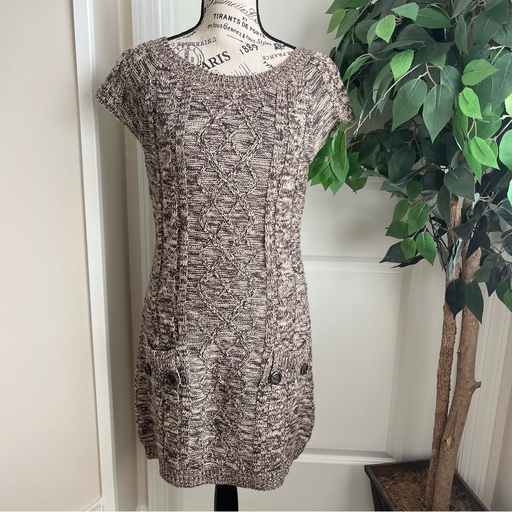 Glimmer by J.J. Basics Short Sleeve Knit Sweater Dress Brown Sz L